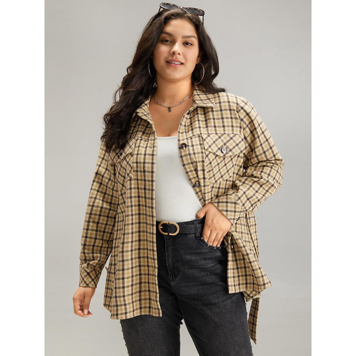 Plus Size Gingham Pocket Button Through Belted Coat Women Tan Casual Belted Ladies Dailywear Winter Coats BloomChic 28/5X Product Image