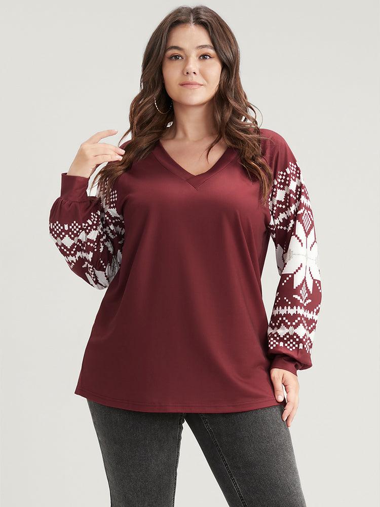 Snowflake Print V Neck Drop Shoulder Sweatshirt Female Product Image