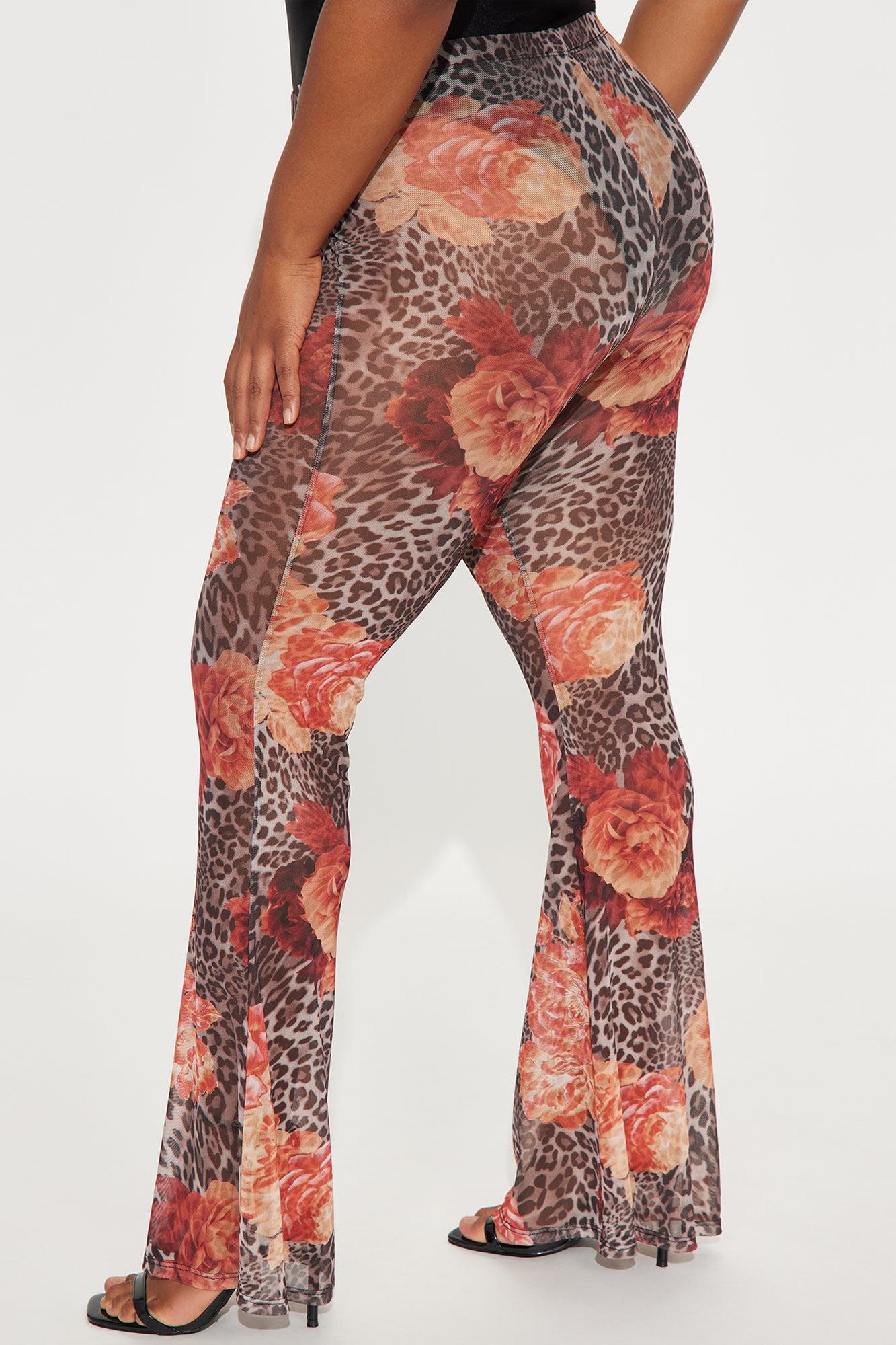 Later Tonight Floral Leopard Print Mesh Flare Pant - Brown/combo Product Image