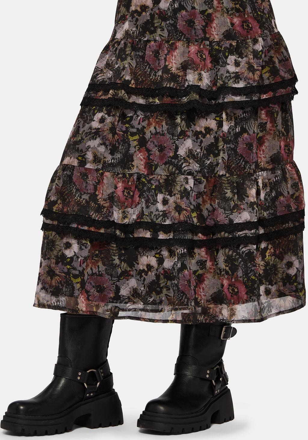 Mortua Grunge Floral Print Peplum Frill Cami Maxi Dress Product Image