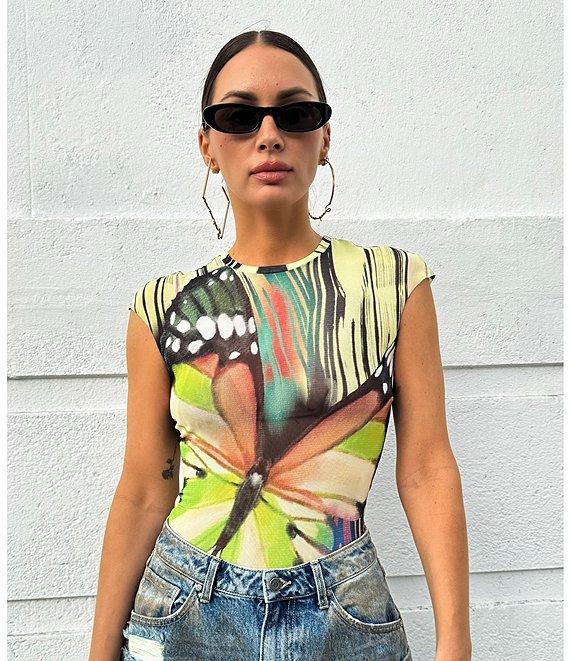 AFRM Nina Butterfly Printed Crewneck Short Sleeve Mesh Top Product Image