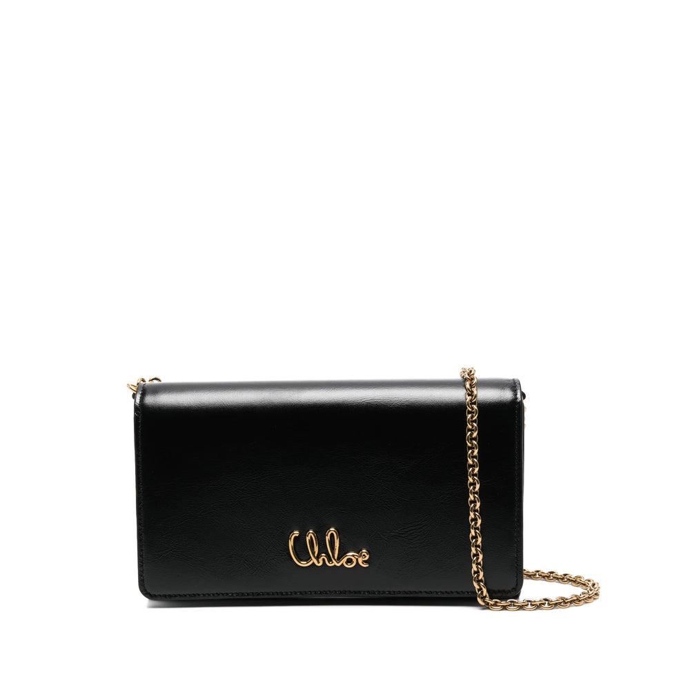 CHLOÉ Iconic Flap Wallet On Chain In Shiny Calfskin In Black Product Image