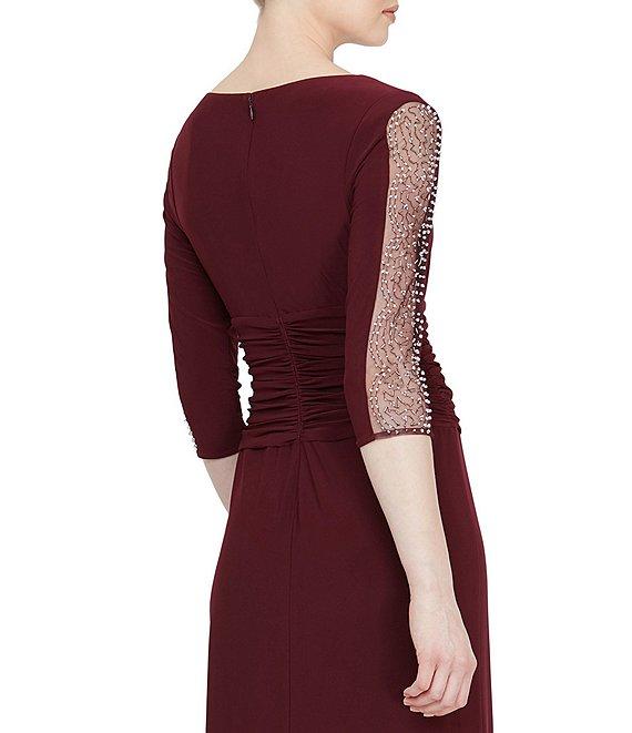 Ignite Evenings Petite Size Boat Neck 3/4 Embellished Sleeve Ruched Waist Sheath Dress Product Image