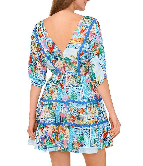 Vince Camuto Woven V-Neck 3/4 Sleeve Tie Front Tiered A-Line Dress Product Image