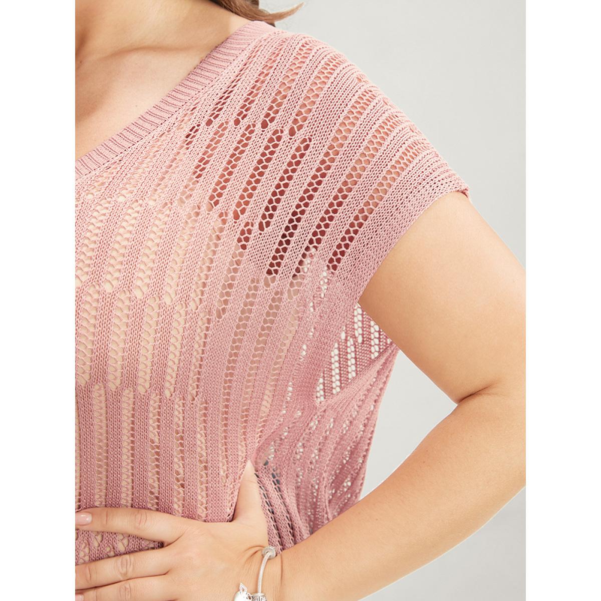 Plus Size Plain Vertical Striped Cut Out Split Hem Knit Top Coral Women Casual Sleeveless V-neck Dailywear Pullovers BloomChic 14-16/1X Product Image