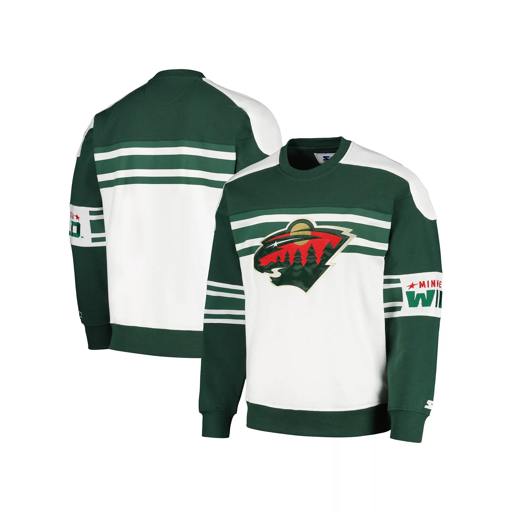 Men's Starter White Minnesota Wild Defense Fleece Crewneck Pullover Sweatshirt,  Product Image