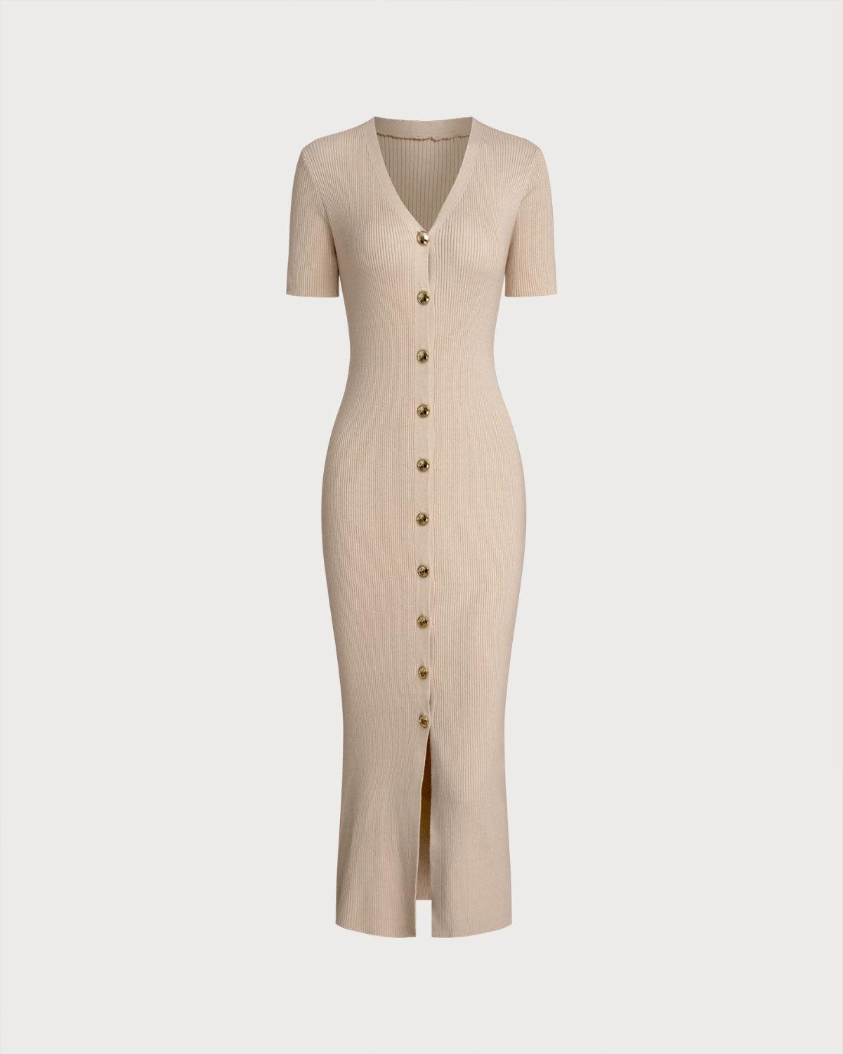 Apricot V Neck Bodycon Sweater Dress Product Image