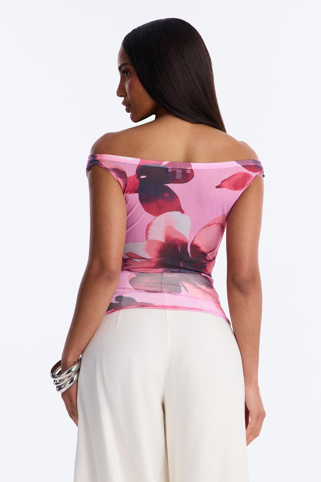 Elise Floral Mesh Ruched Off Shoulder Top - Pink/combo Female Product Image