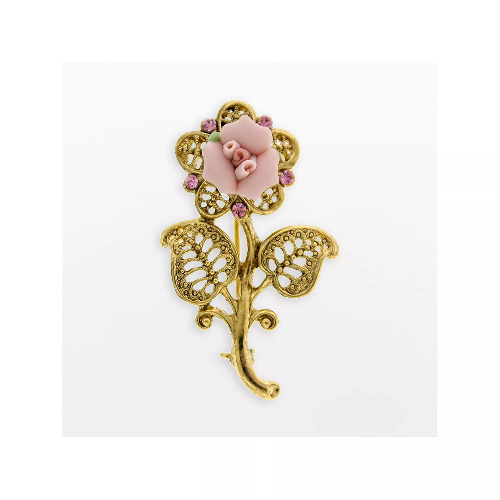 1928 Gold Tone Crystal Floral Brooch, Womens, Pink Product Image