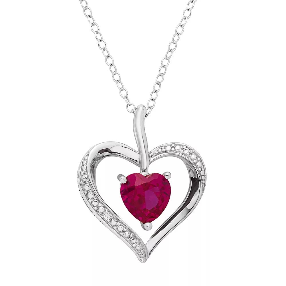 Sterling Silver Lab-Created Ruby & Diamond Accent Heart Pendant Necklace, Women's, Size: 18", Red Product Image