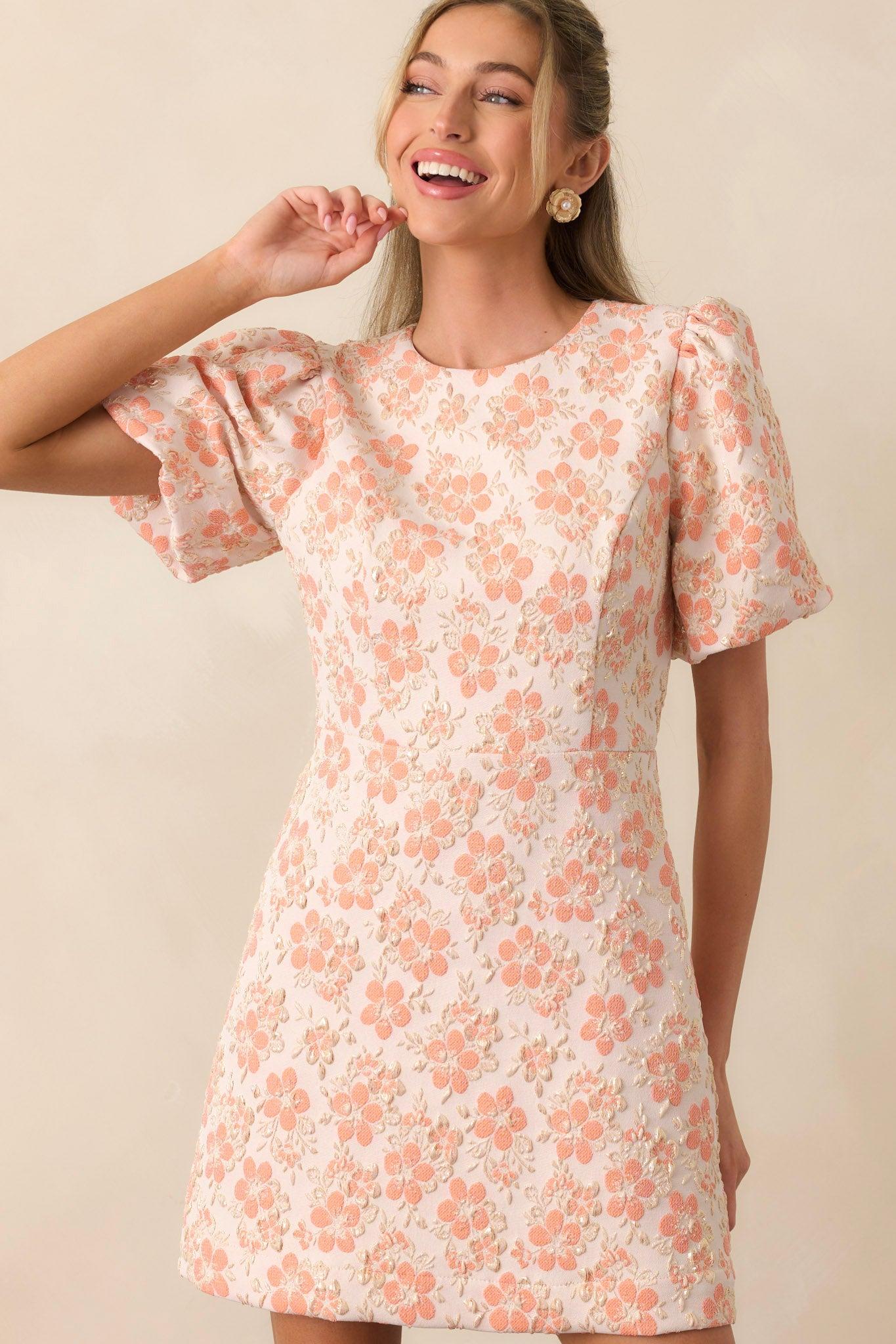Little Luxuries Apricot Jacquard Floral Mini Dress Product Image