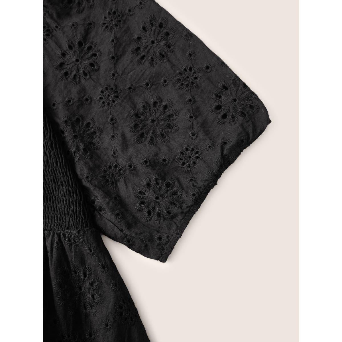 Plus Size Black Broderie Anglaise Patchwork Lantern Sleeve Shirred Blouse Women Resort Short sleeve Square Neck Vacation Blouses BloomChic 12/L Product Image