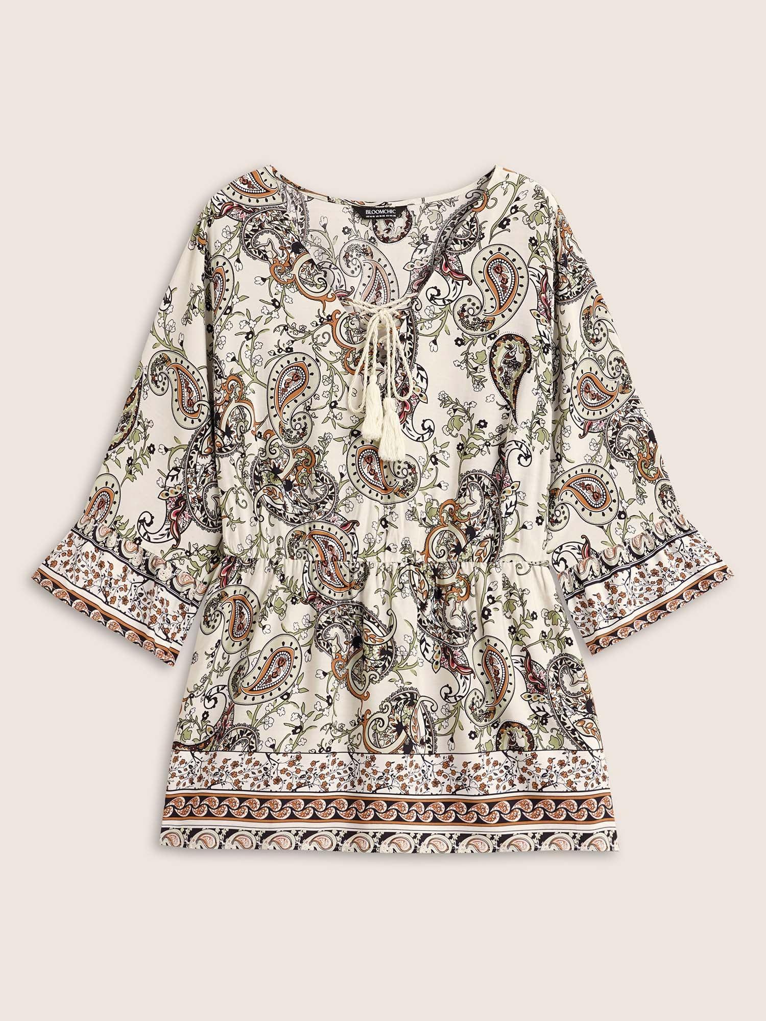 Boho Print Tie Knot Tassels Crisscross Blouse Female Product Image