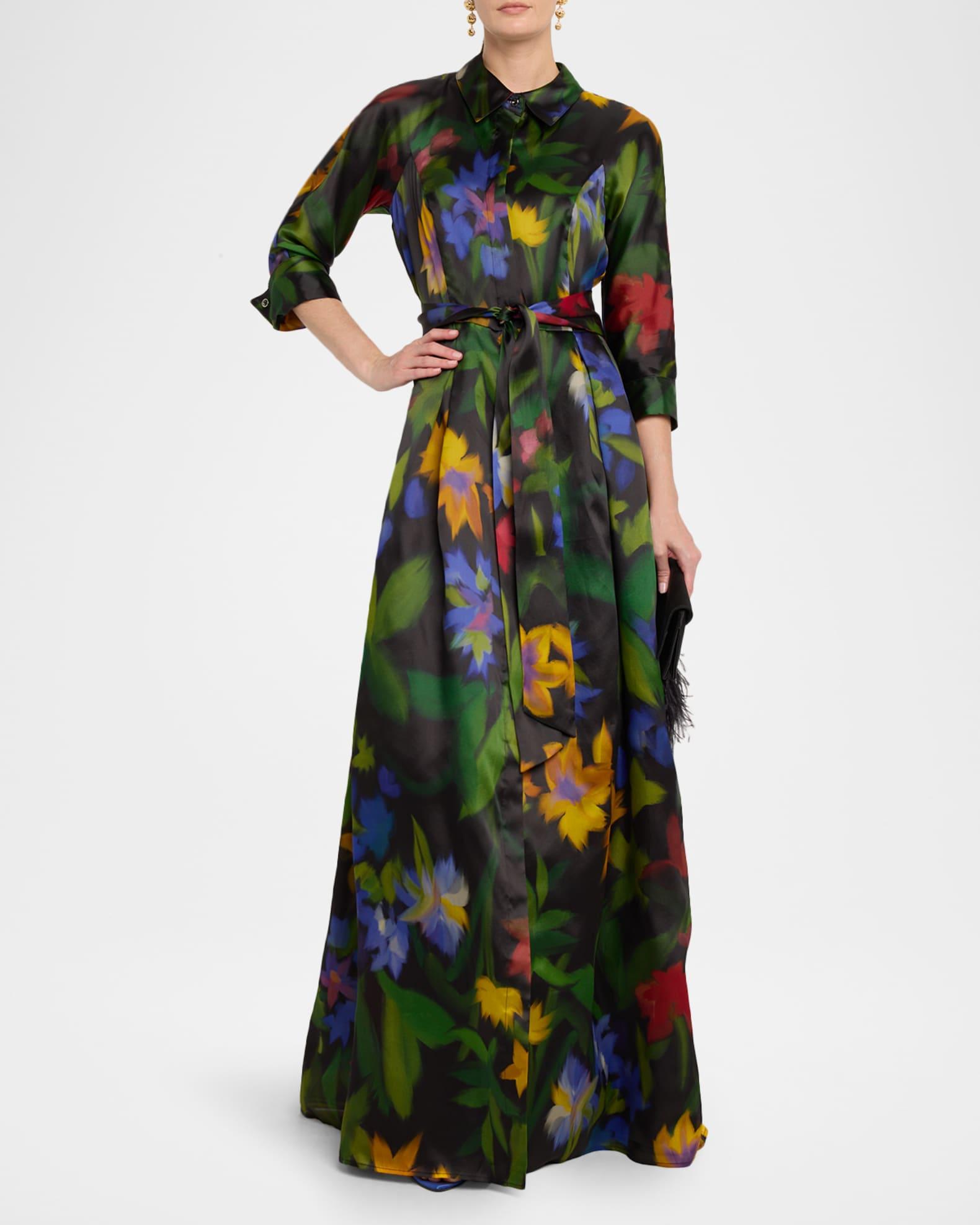 Pleated Floral-Print Silk Organza Shirt Gown Product Image