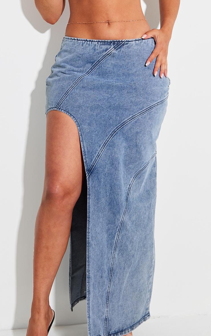 Shape Light Blue Denim Seam Detail High Split Maxi Skirt Product Image