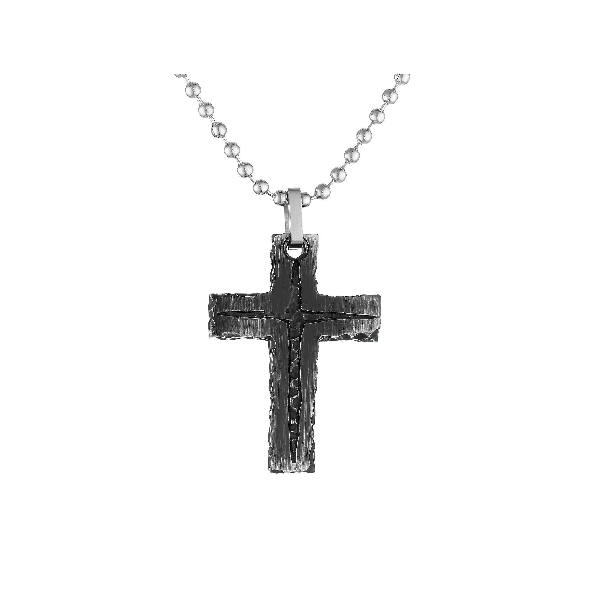 LYNX Black Ion-Plated Stainless Steel Textured Cross Pendant Necklace - Men, Men's, Size: 22", Silver Product Image