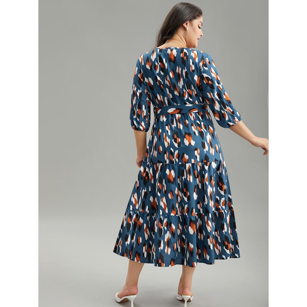 Plus Size Allover Print Ruffle Layered Hem Wrap Belted Dress Cerulean Women Office Elastic cuffs Overlap Collar Elbow-length sleeve Curvy Midi Dress BloomChic 28/5X Product Image