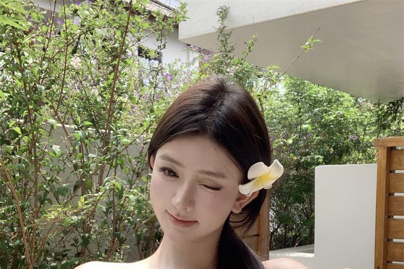 Short-Sleeve Off Shoulder Floral Crop Top / High Rise Maxi A-Line Skirt Product Image