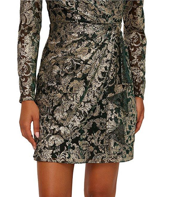 Adrianna Papell Chiffon Crinkle Metallic Long Sleeve Short Wrap Dress Product Image