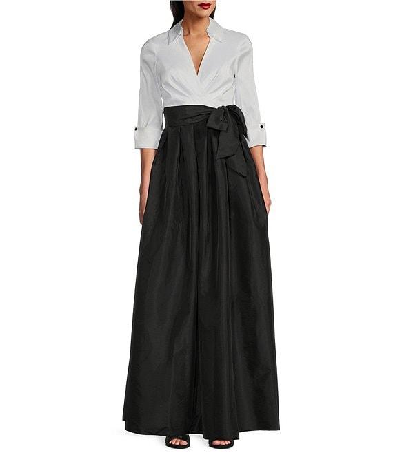 Jessica Howard 3/4 Cuff Sleeve Collared V-Neck Tie Sash Ball Gown Product Image