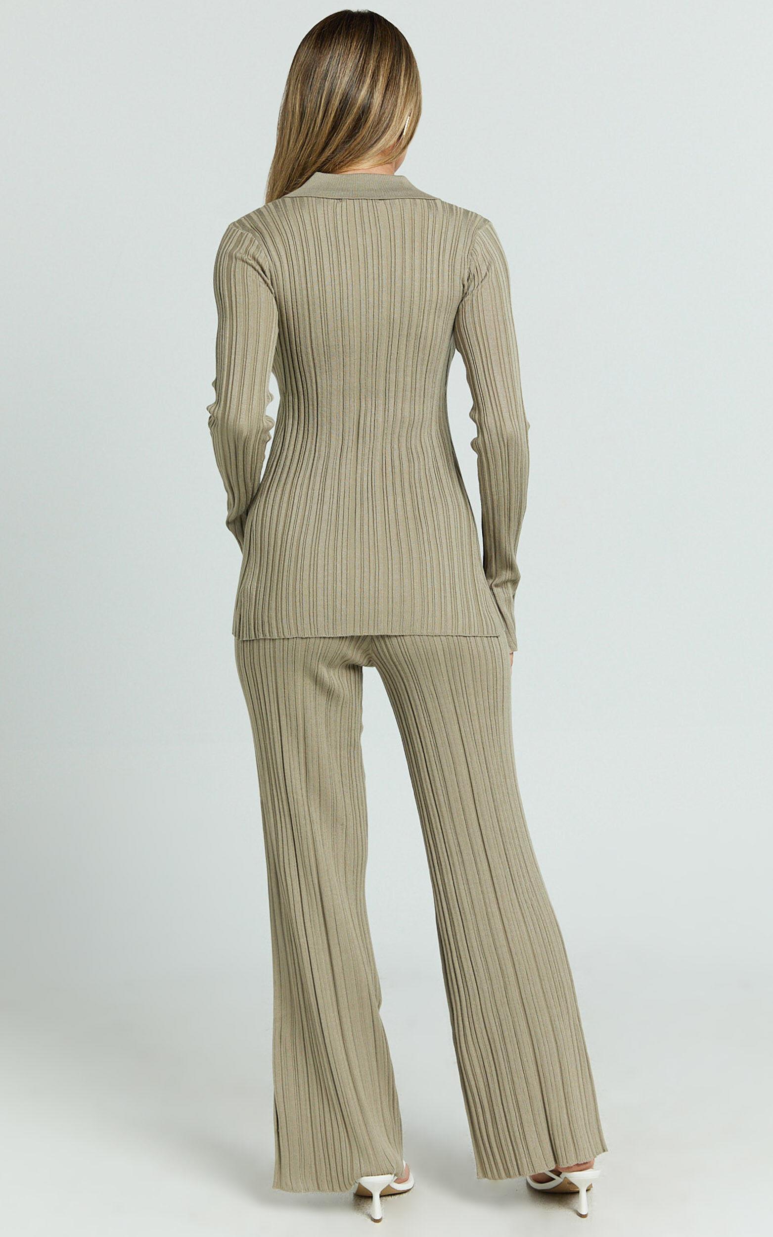 Kelsey Top - Button Through Long Sleeve Knitted Top in Taupe Product Image