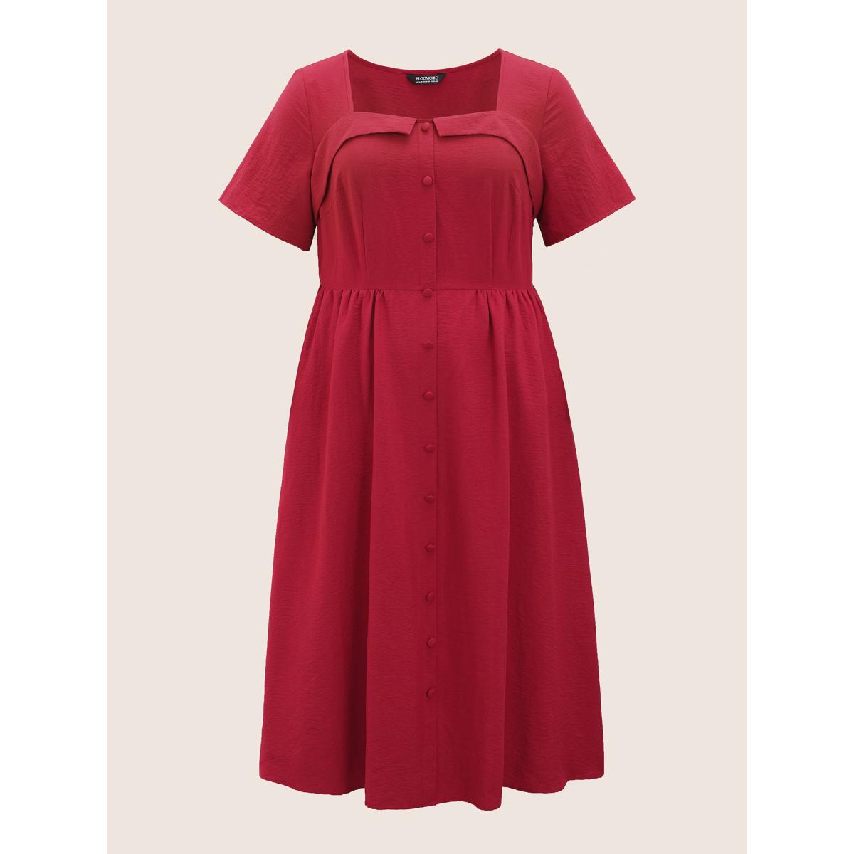 Plus Size Solid Square Neck Button Detail Midi Dress Scarlet Women Elegant Gathered Square Neck Short sleeve Curvy BloomChic 18-20/2X Product Image