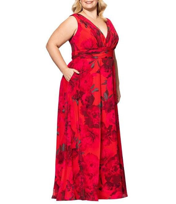 Betsy & Adam Plus Size V Neck Sleeveless A Line Chiffon Gown Product Image
