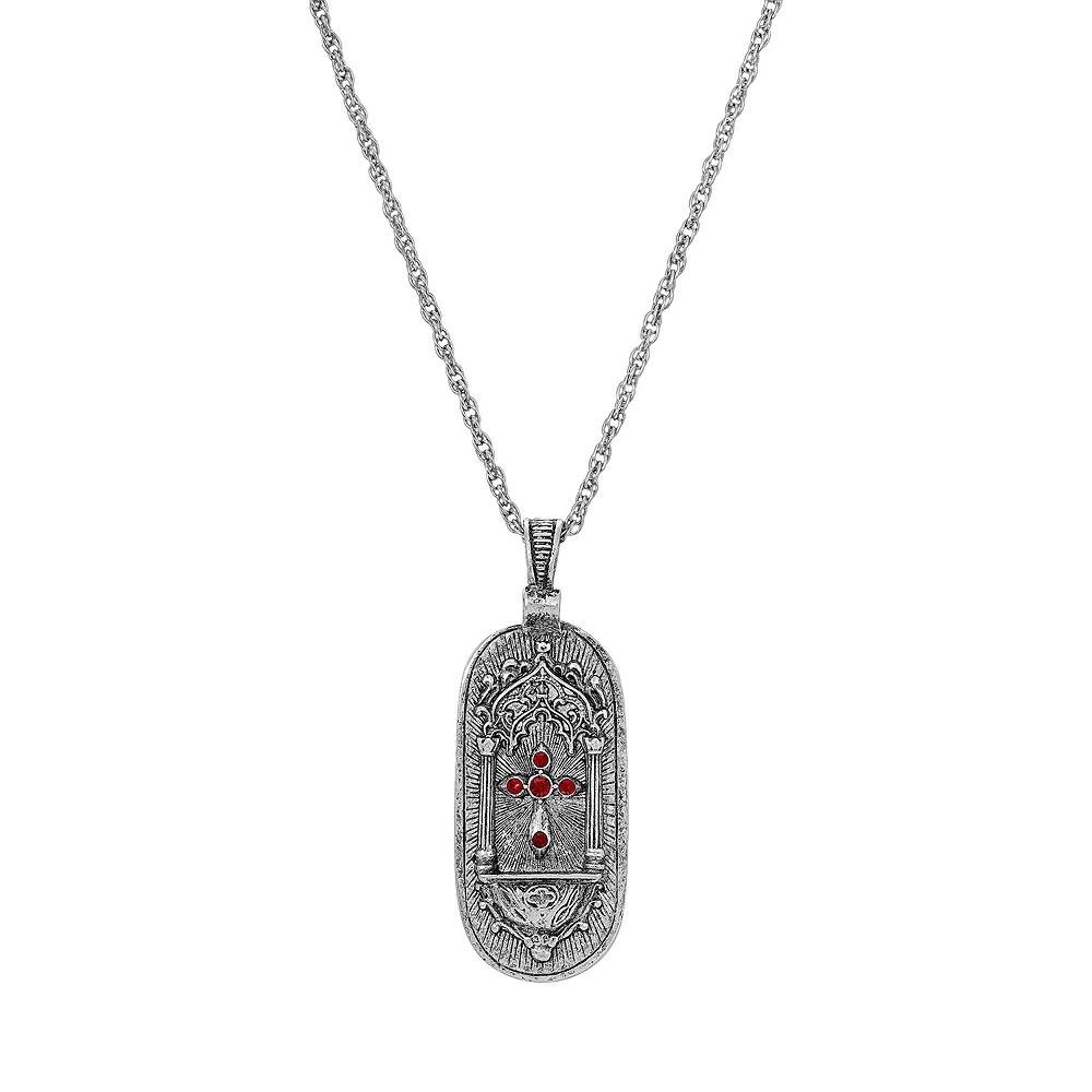 1928 Silver Tone Red Simulated Crystal Cross Medallion Pendant Necklace, Womens Product Image