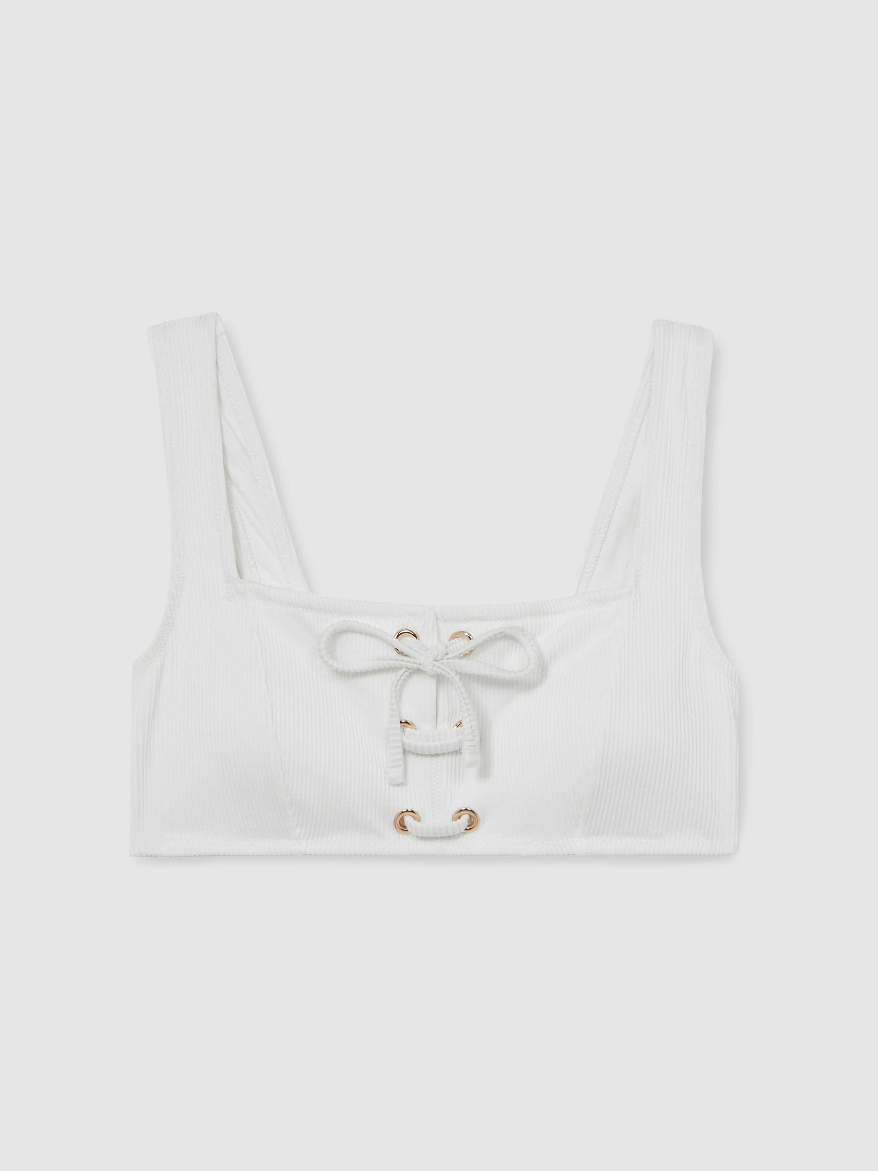 Ribbed Lace-Up Bikini Top in White Product Image