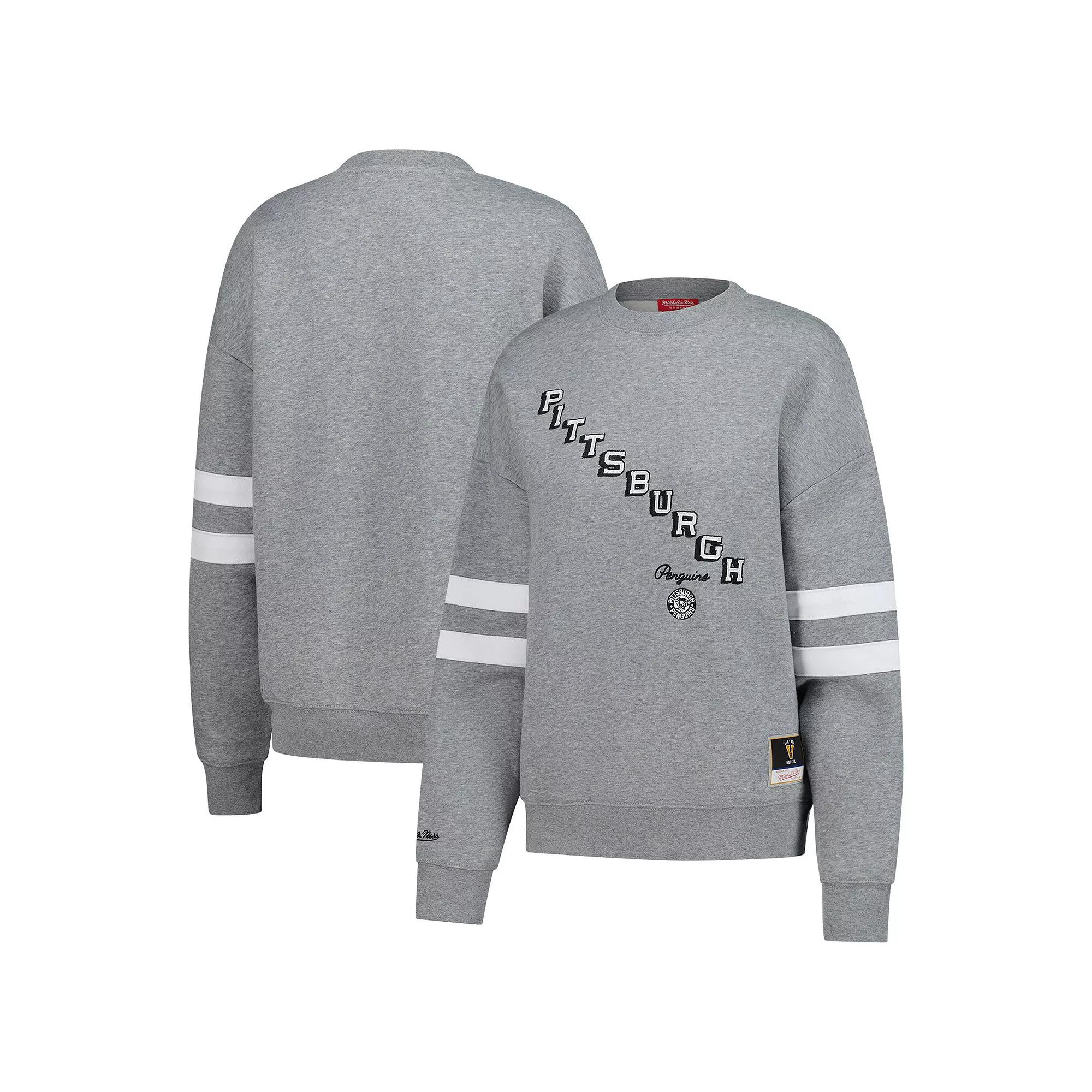 Women's Mitchell & Ness Heather Gray Pittsburgh Penguins Logo Lightweight Pullover Sweatshirt,  Product Image