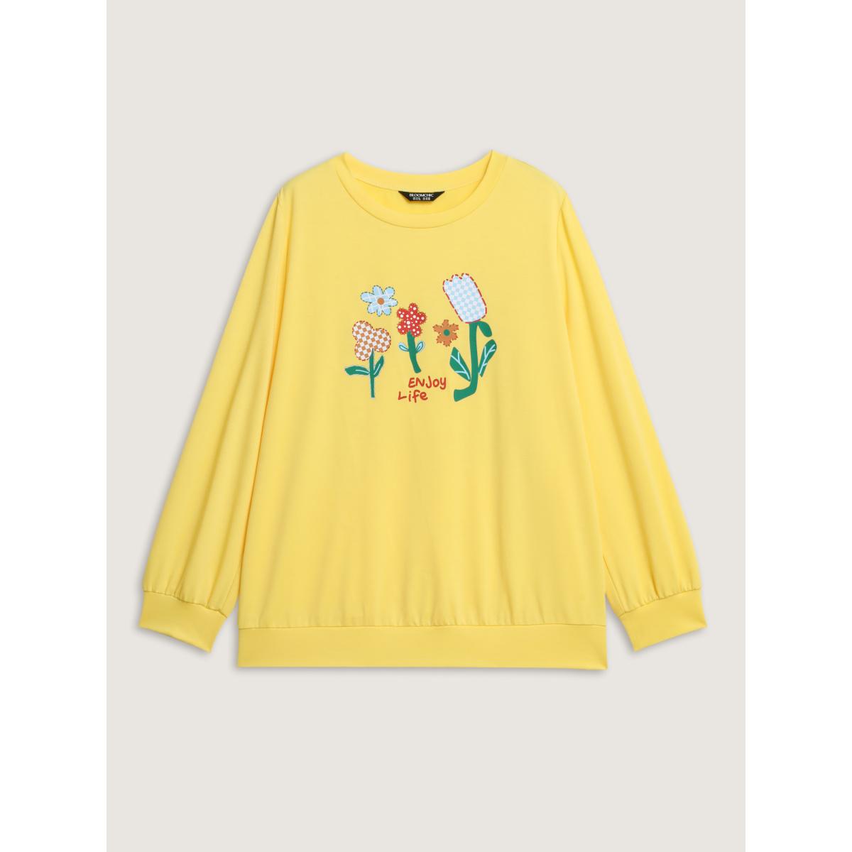 Plus Size Floral Pattern Stretchy Hem Sweatshirt Women Lemonyellow Playful Round Neck Casual Sweatshirts BloomChic 30/6X Product Image