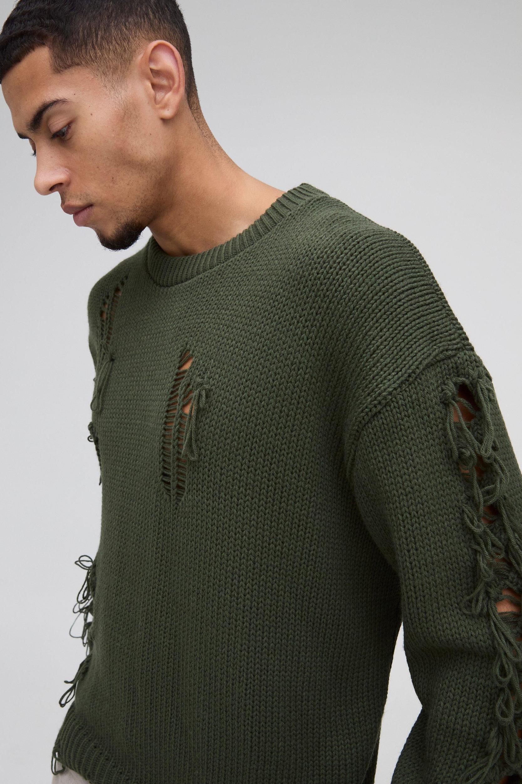 Oversized Boxy Distressed Textured Knitted Sweater | boohooMAN USA Product Image