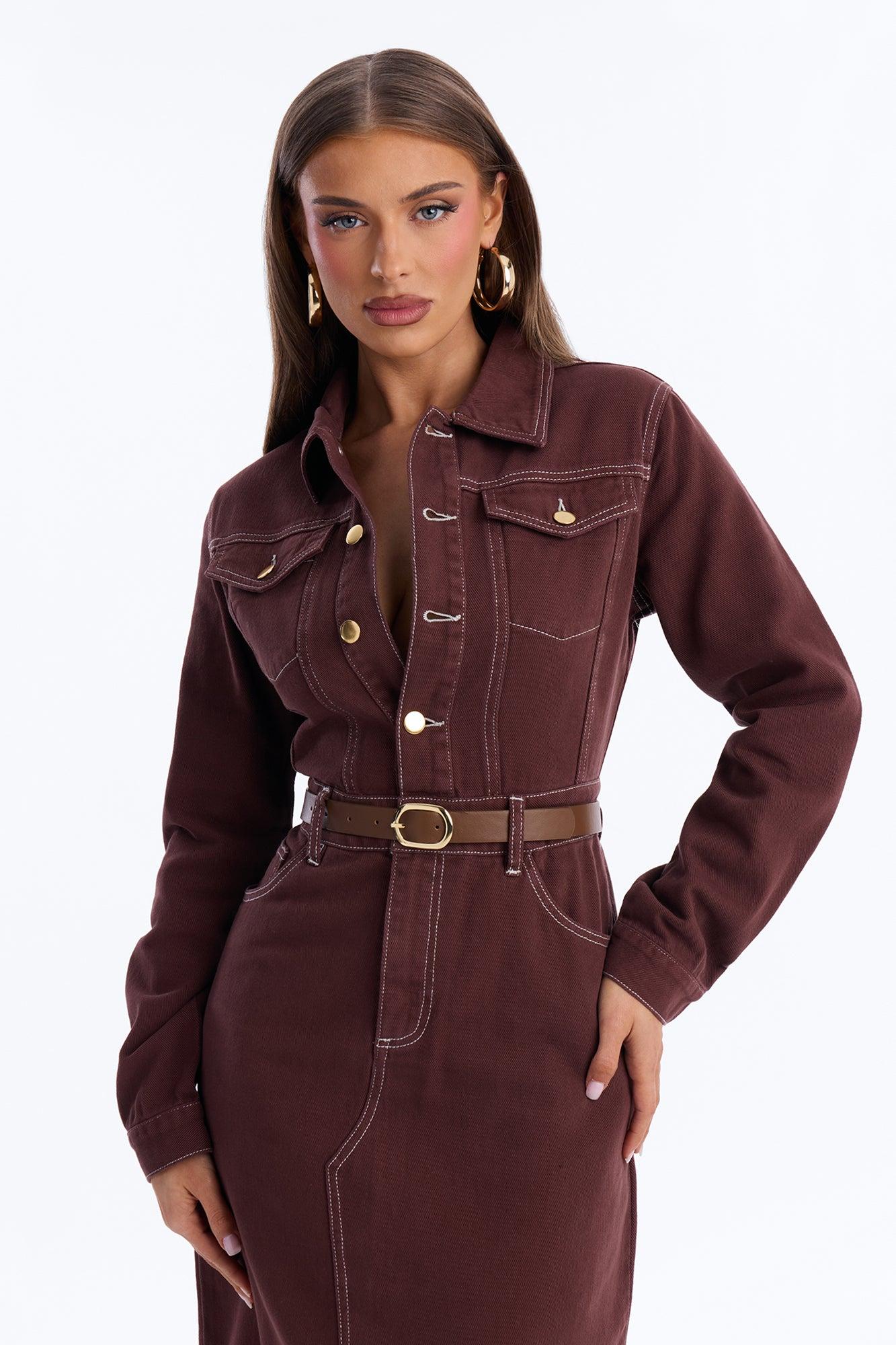 Harper Belted Denim Midi Dress - Brown Female Product Image