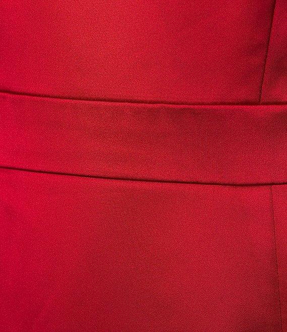 Alex Marie Molly Satin Asymmetrical One Bow Shoulder Sleeveless Faux Wrap Split Hem Sheath Midi Dress Product Image