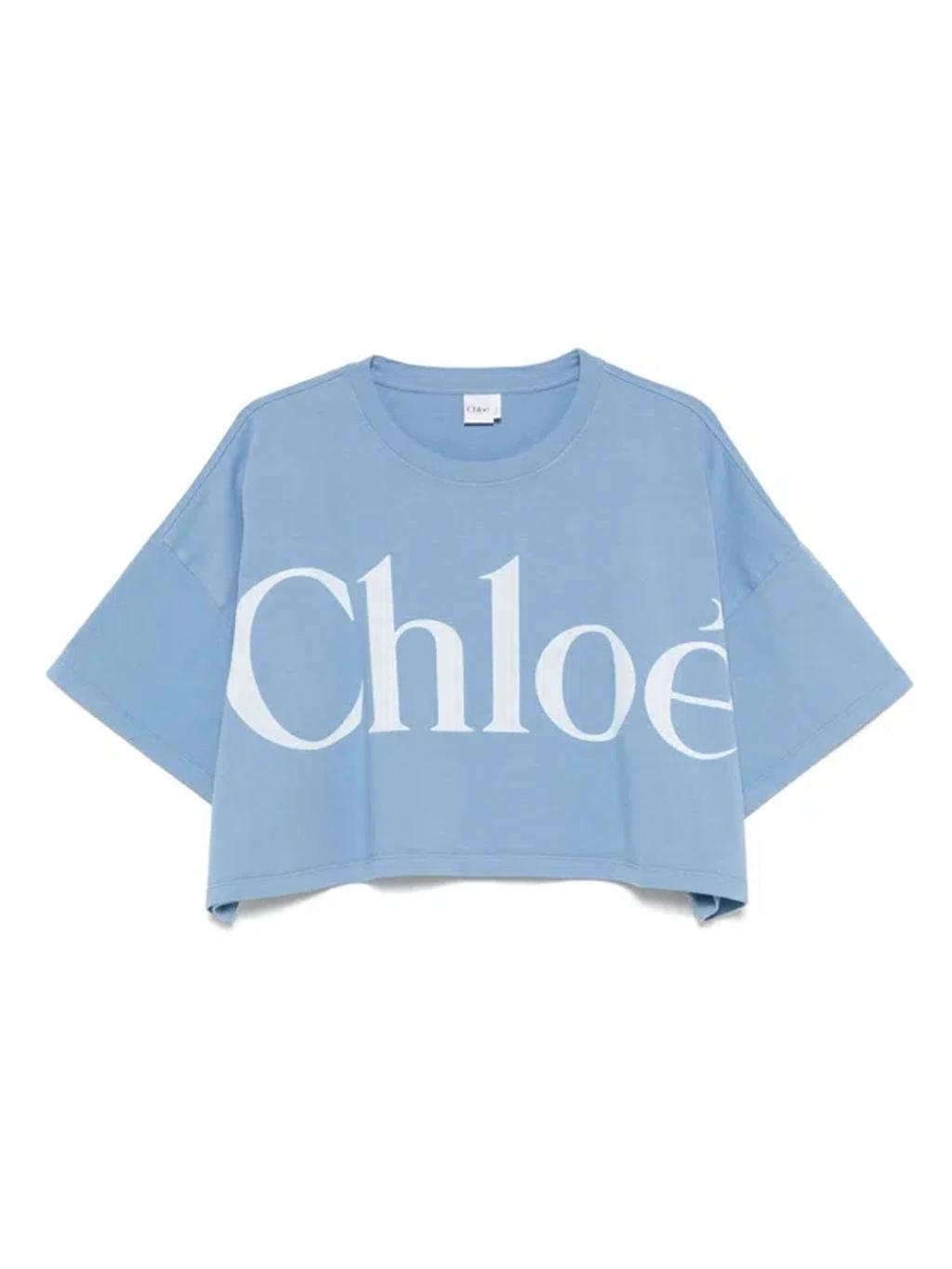 CHLOÉ Women Light Blue Jersey Cropped Logo T-shirt Product Image