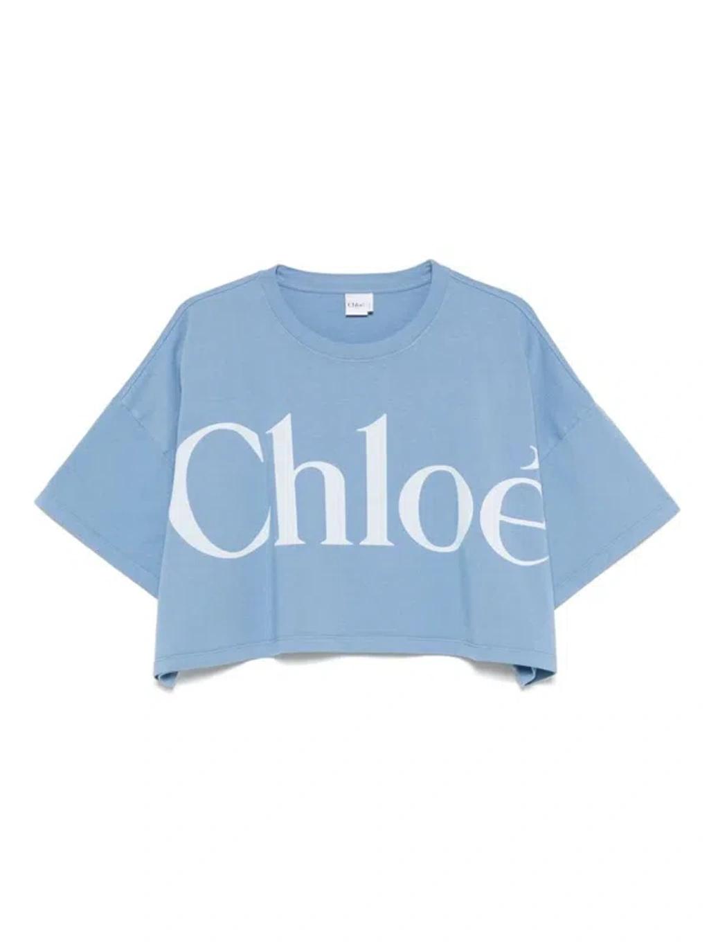 CHLOÉ Women Light Blue Jersey Cropped Logo T-shirt Product Image
