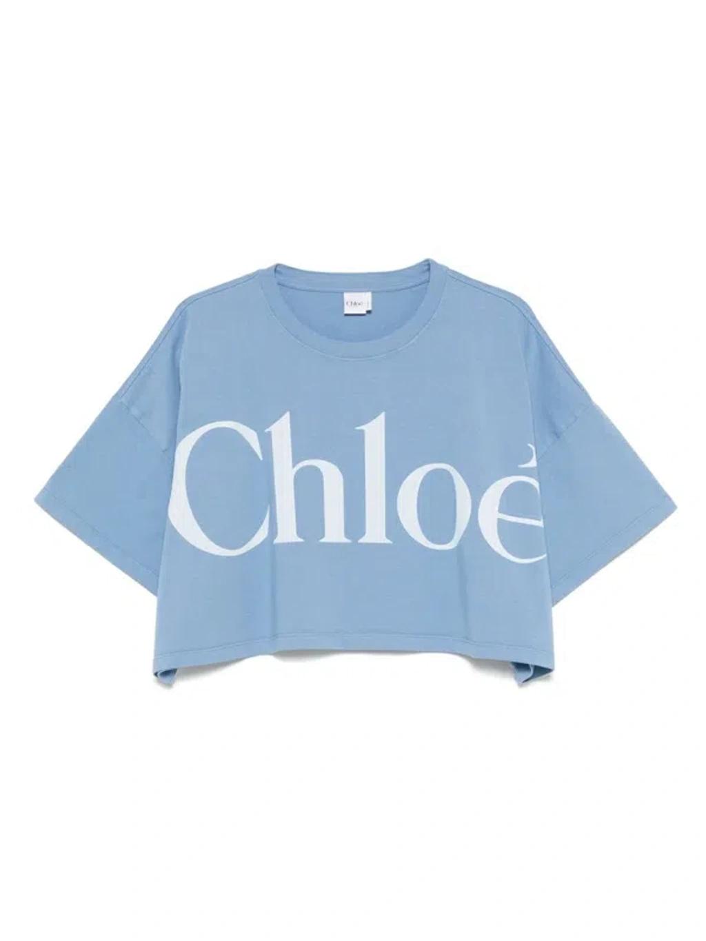 CHLOÉ Women Light Blue Jersey Cropped Logo T-shirt Product Image