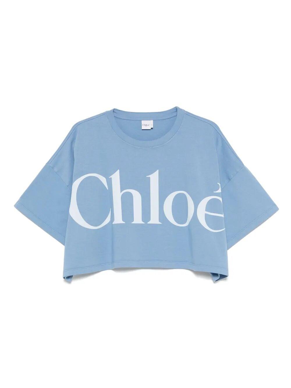 CHLOÉ Women Light Blue Jersey Cropped Logo T-shirt Product Image