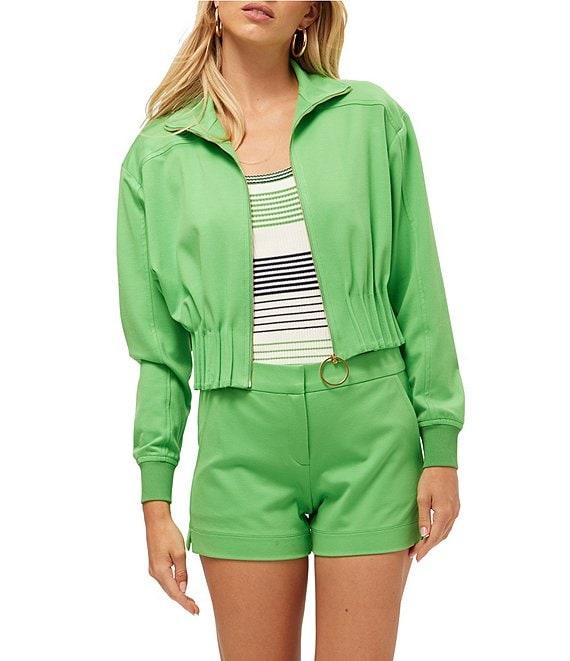 Trina Turk Outrun Ponte Collar Long Sleeve Pleated Waist Cropped Jacket Product Image