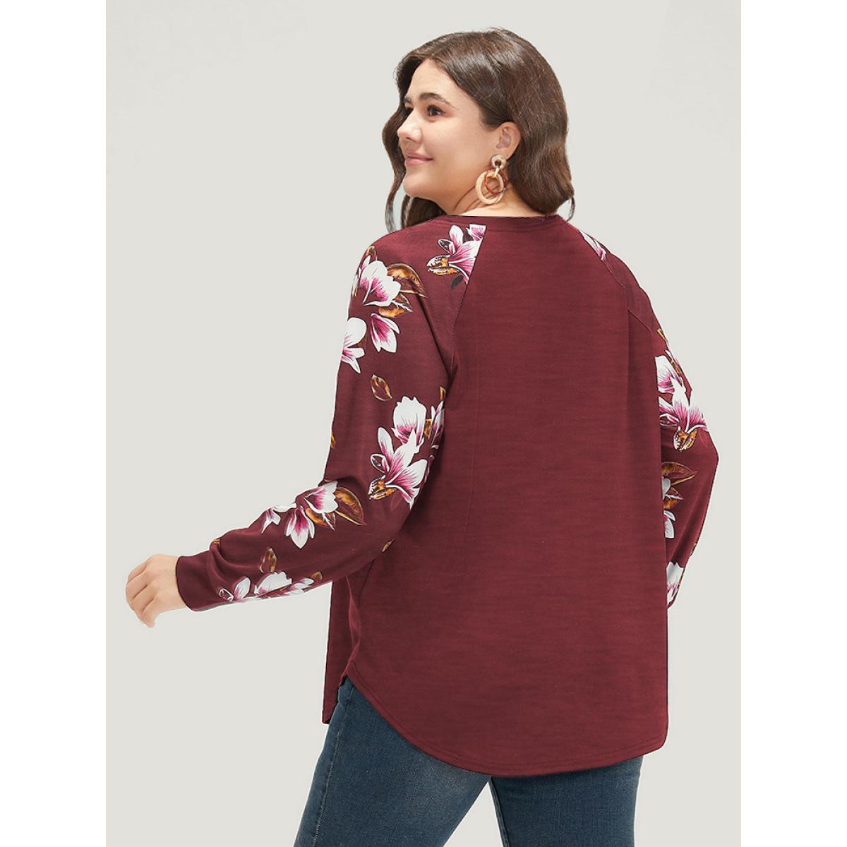 Plus Size Floral Patchwork Crew Neck Raglan Sleeve Sweatshirt Women Burgundy Elegant Elastic cuffs Round Neck Dailywear Sweatshirts BloomChic 30/6X Product Image