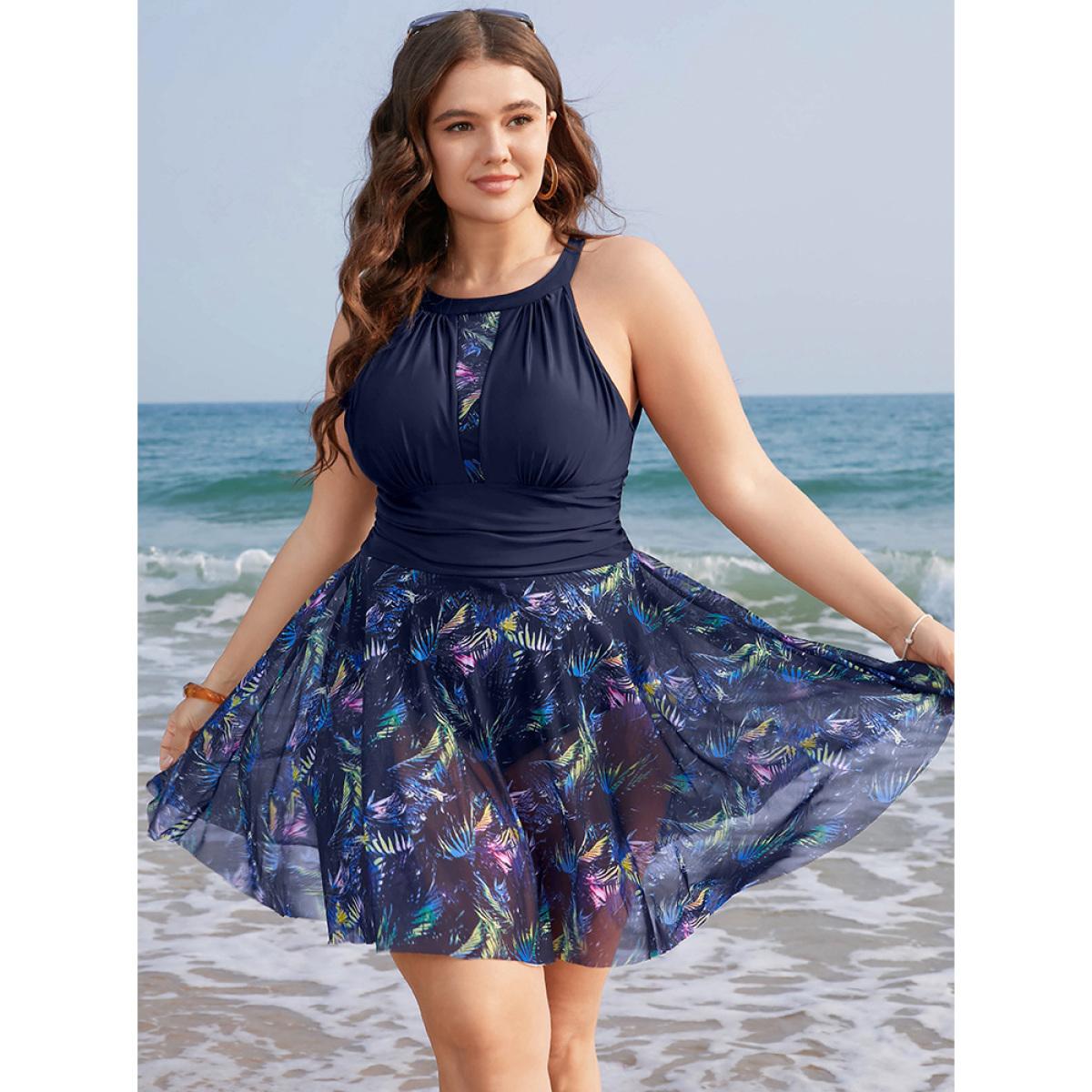 Plus Size Tropical Print Knotted Back Cut Out Halter Swim Dress Women's Swimwear Indigo Vacation Bodycon Halter neck High stretch Curve Swim Dresses BloomChic 14-16/1X Product Image