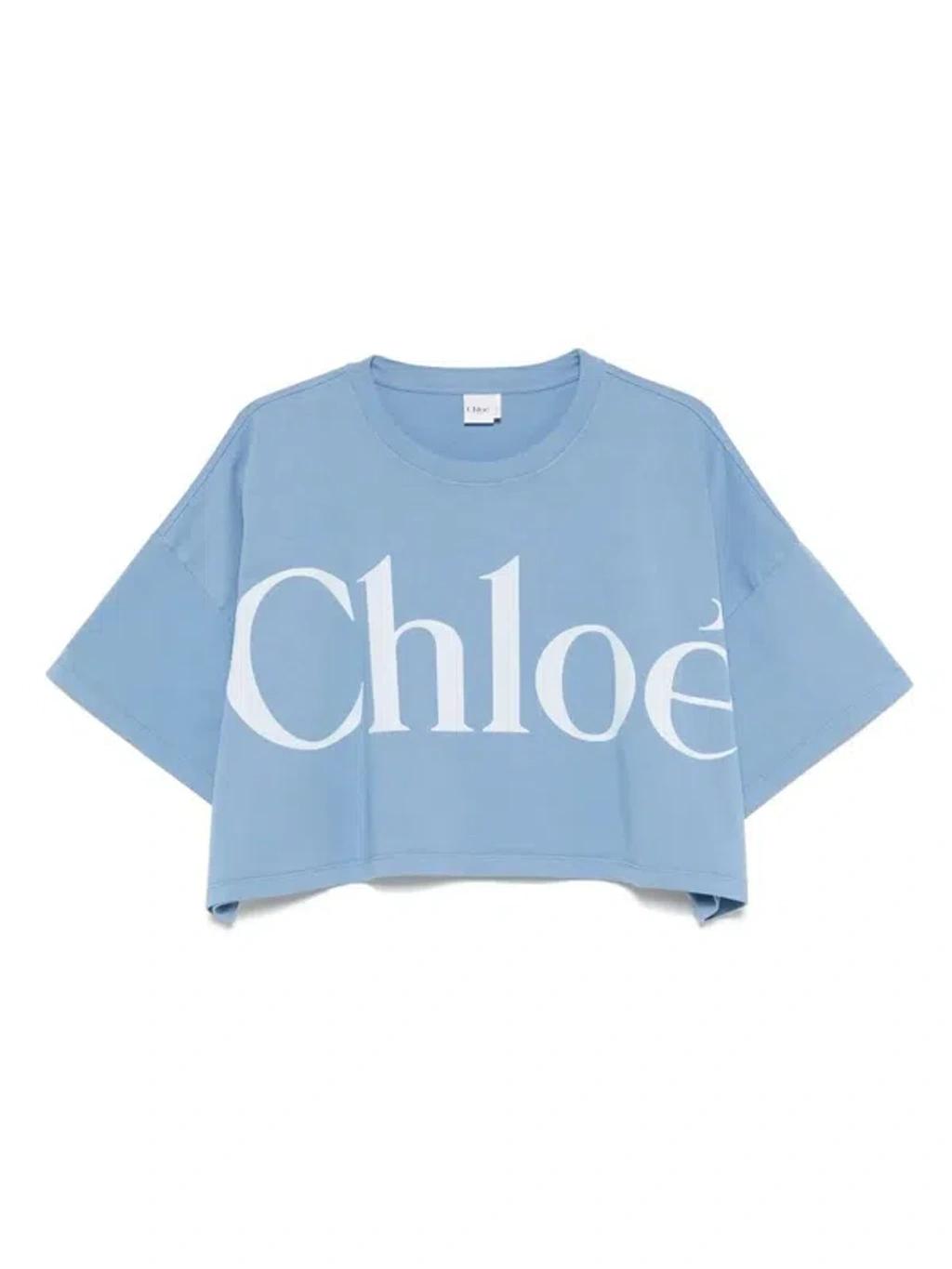 CHLOÉ Women Light Blue Jersey Cropped Logo T-shirt Product Image
