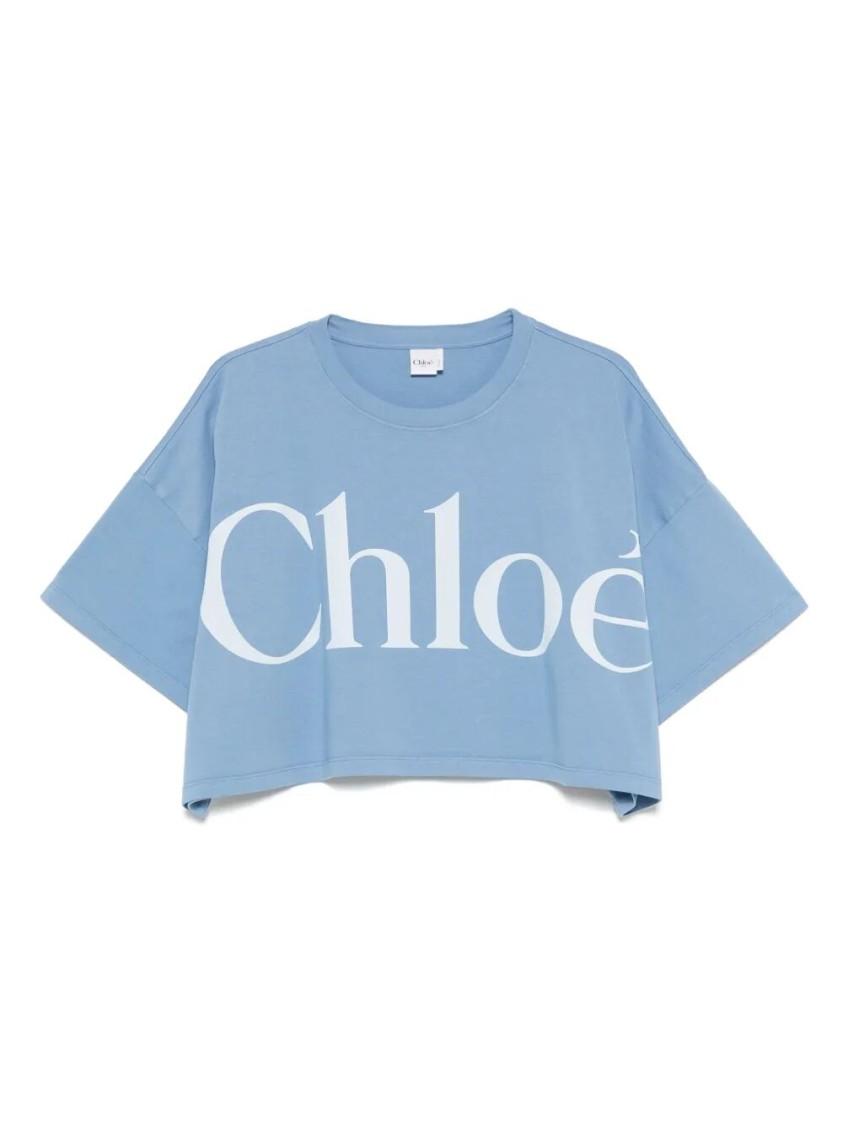 CHLOÉ Women Light Blue Jersey Cropped Logo T-shirt Product Image