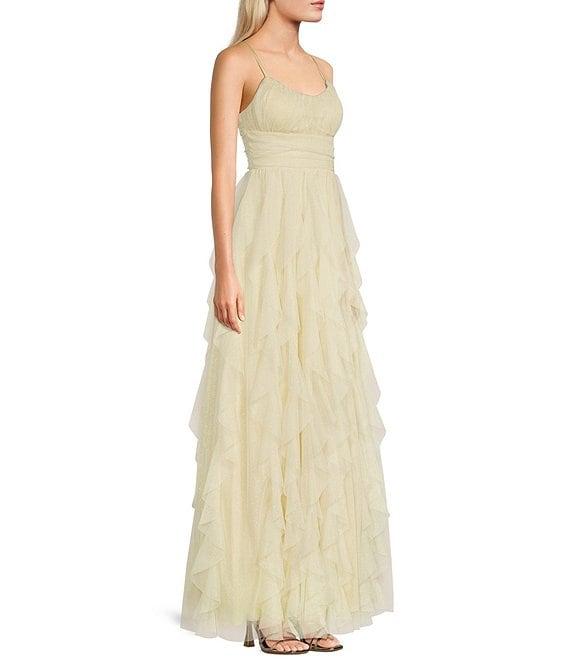 Pear Culture Mesh Foil Spaghetti Strap Scoop Neck Emma Bodice Tie Back Corkscrew Dress Product Image