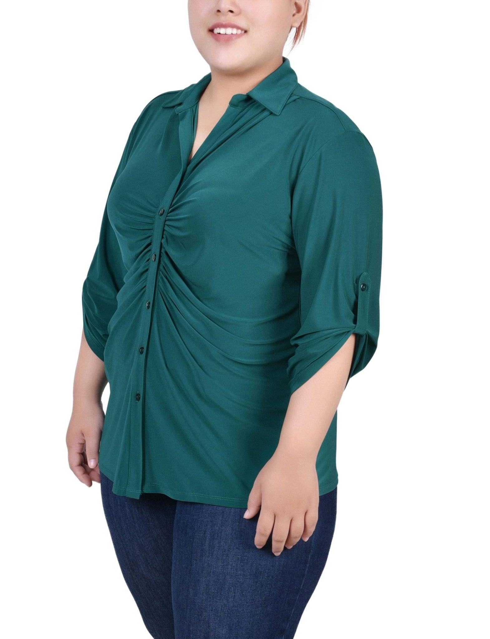 Grassy Green 3/4 Roll Tab Rouched-Front Top - Plus Product Image
