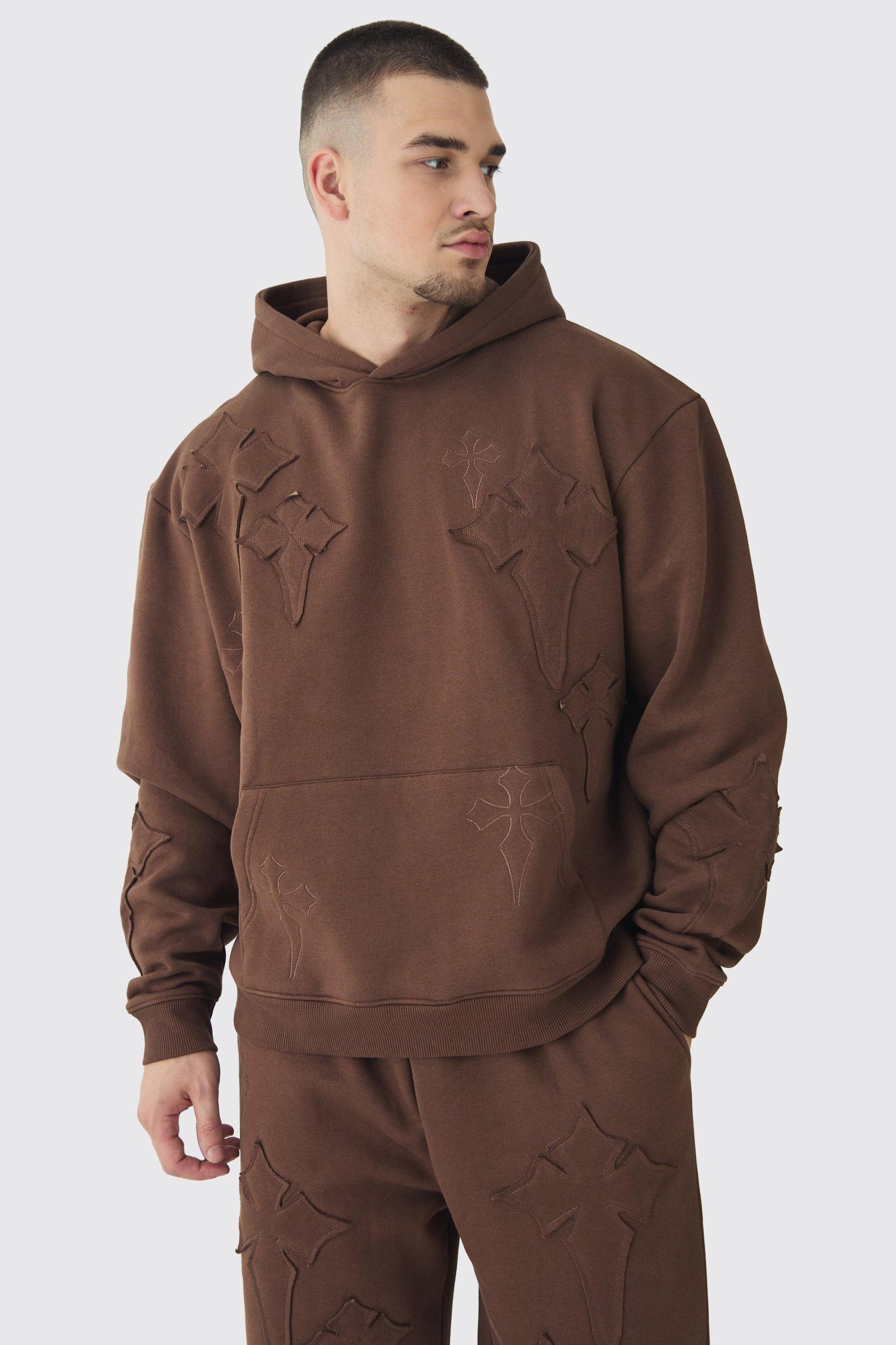 Tall Oversized Boxy Cross Applique & Relaxed Sweatpants Tracksuit | boohooMAN USA Product Image