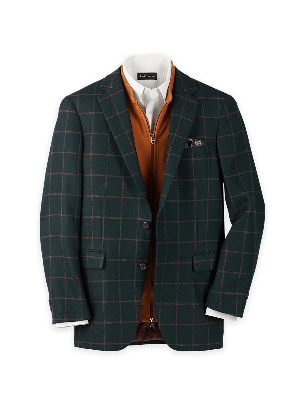 Wool Blend Windowpane Single Breasted Notch Lapel Sport Coat - Dark Green Product Image