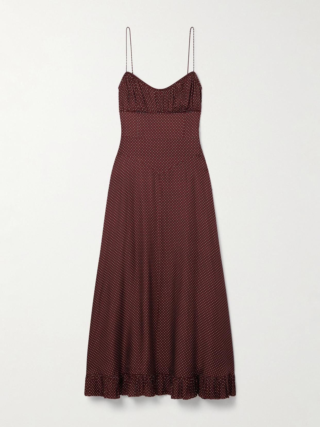 DOEN Rosaria Gathered Polka-dot Silk-blend Midi Dress In Burgundy Product Image