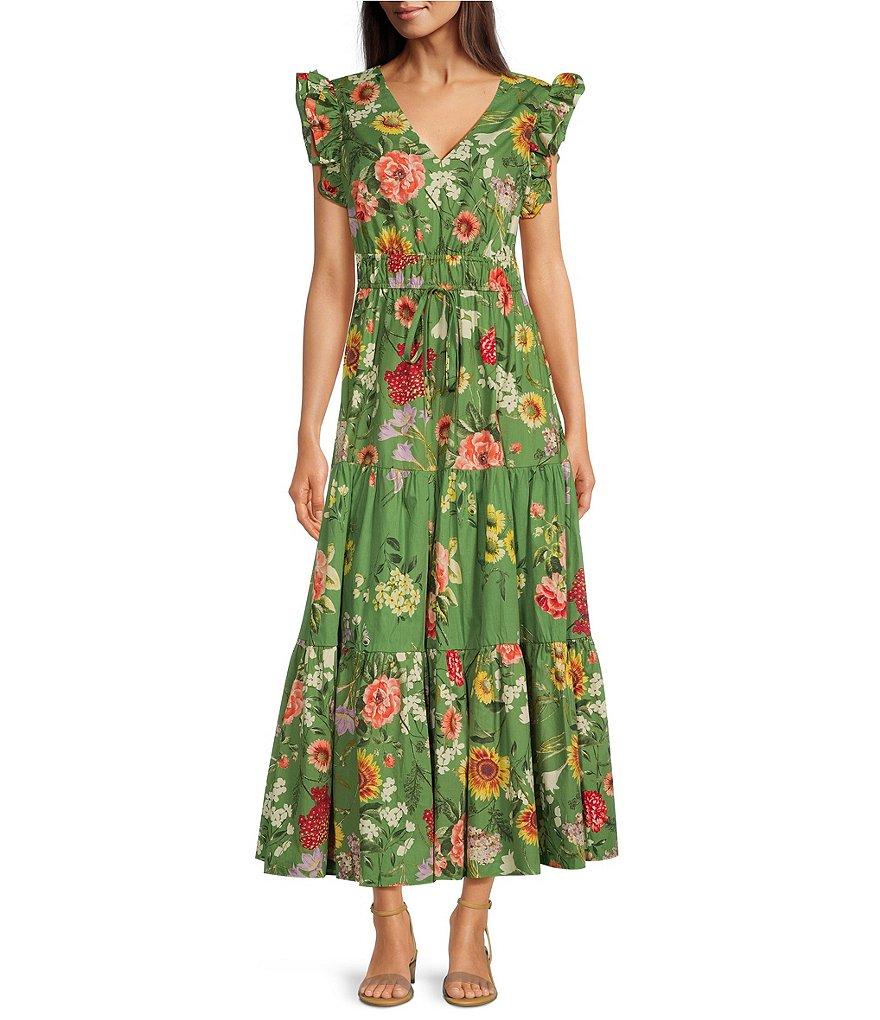 Anne Klein Poplin Floral Print V Neck Cap Sleeve A-Line Maxi Dress Product Image