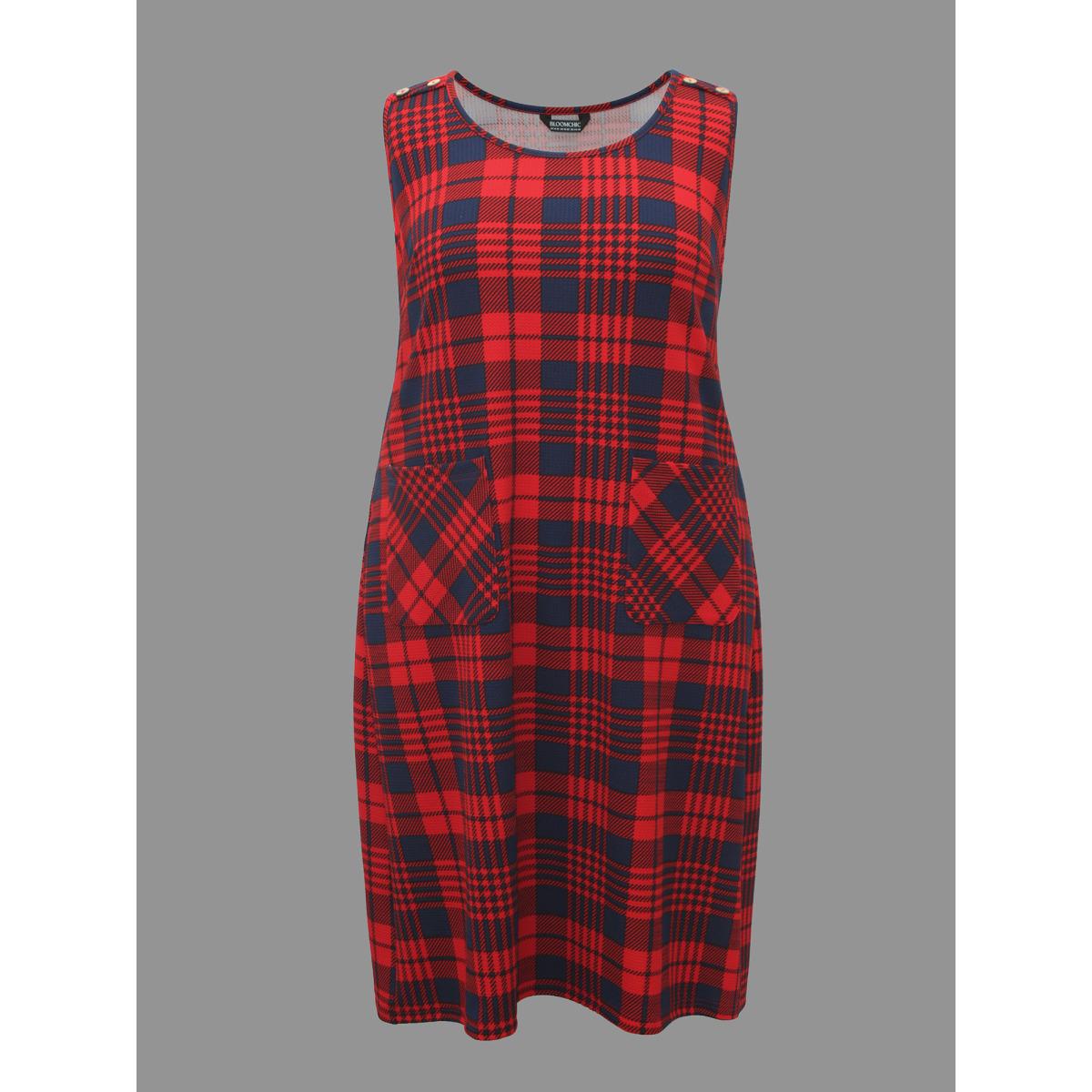 Plus Size Holiday Plaid Sleeveless Stretch Midi Dress Crimson Women Casual Button Party Curvy Bloomchic 14-16/1X Product Image